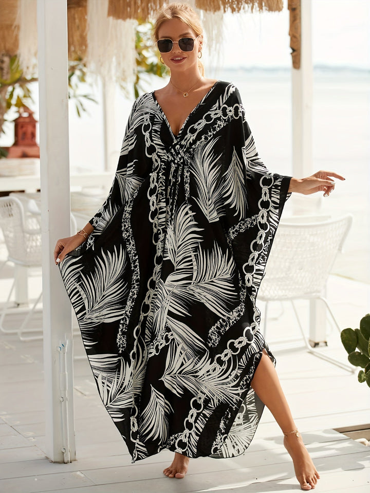 Stilla | Boho Dame Strandkjole Sort Hvid Maxi Kjole Med V-Hals,
