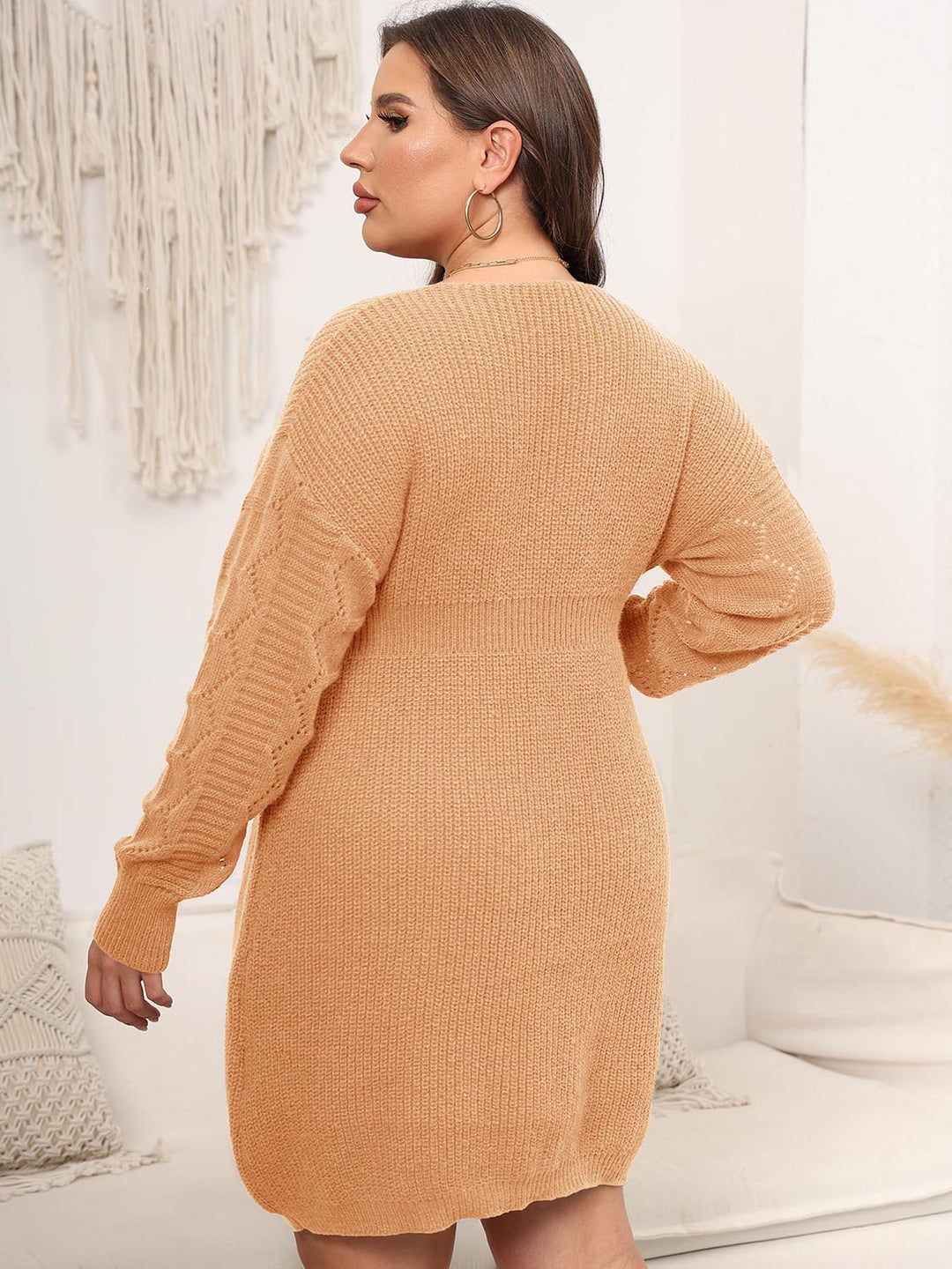Stilla | Størrelse Droppet Skulder Langærmet Strik Mini Kjole