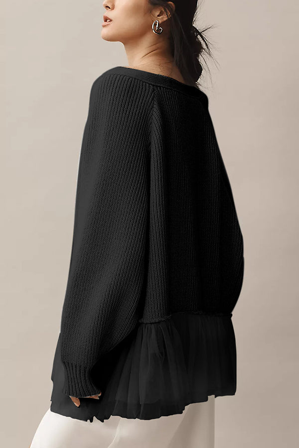 Stilla | Strik Cardigan med Mesh Flæse og Lange Ærmer