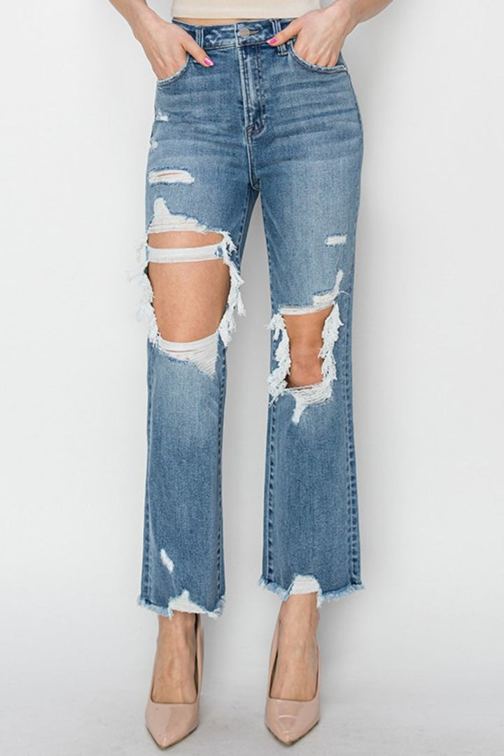 Stilla | High Rise Distressed Crop Straight Jeans