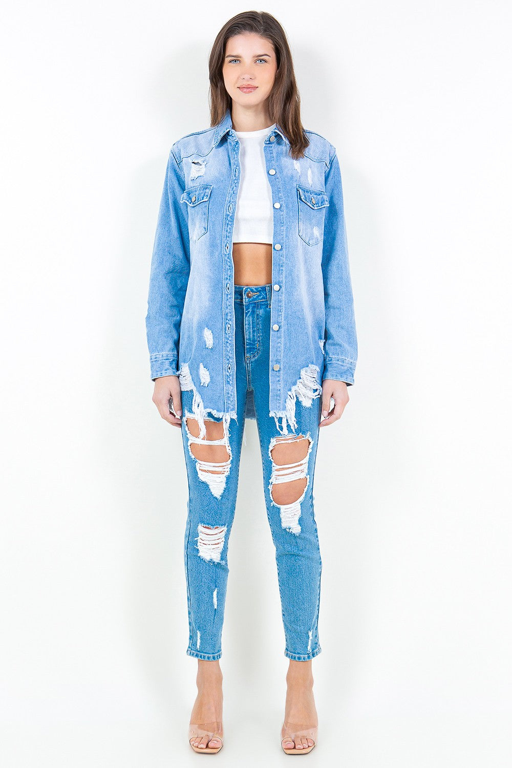 Stilla | Bazi Frayed Hem Distressed Denim Shirt Jacket
