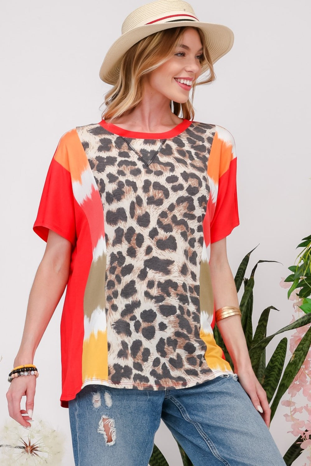 Stilla | Full Size Leopard Farveblok T-Shirt