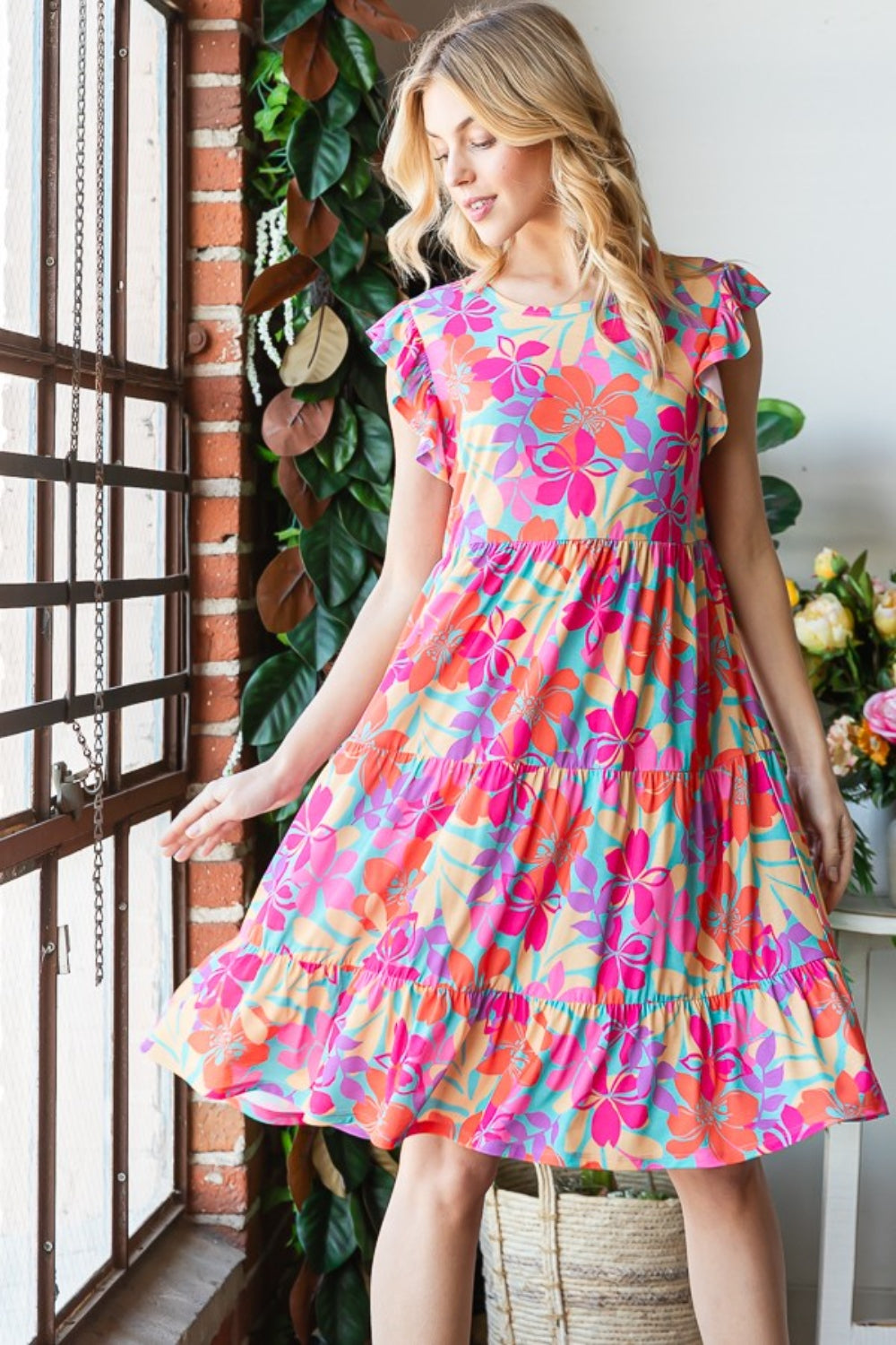 Stilla | Full Size Floral Cap Sleeve Tiered Dress