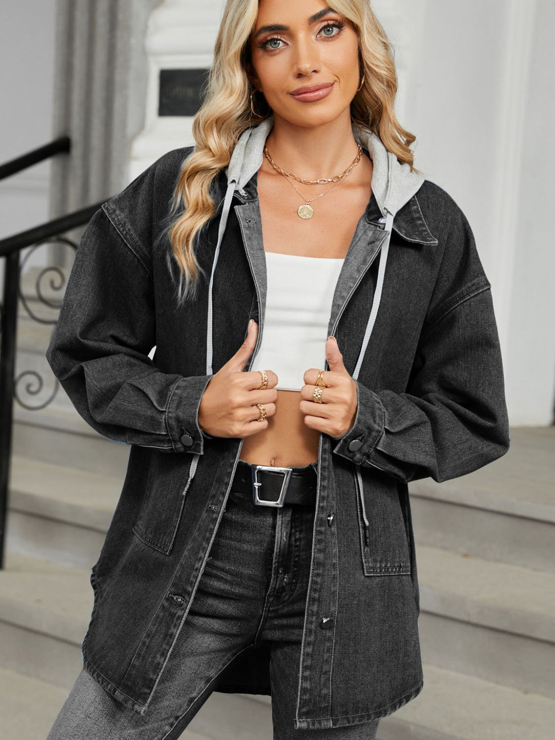 Stilla | Hoodie Knap Op Langærmet Denim Jakke