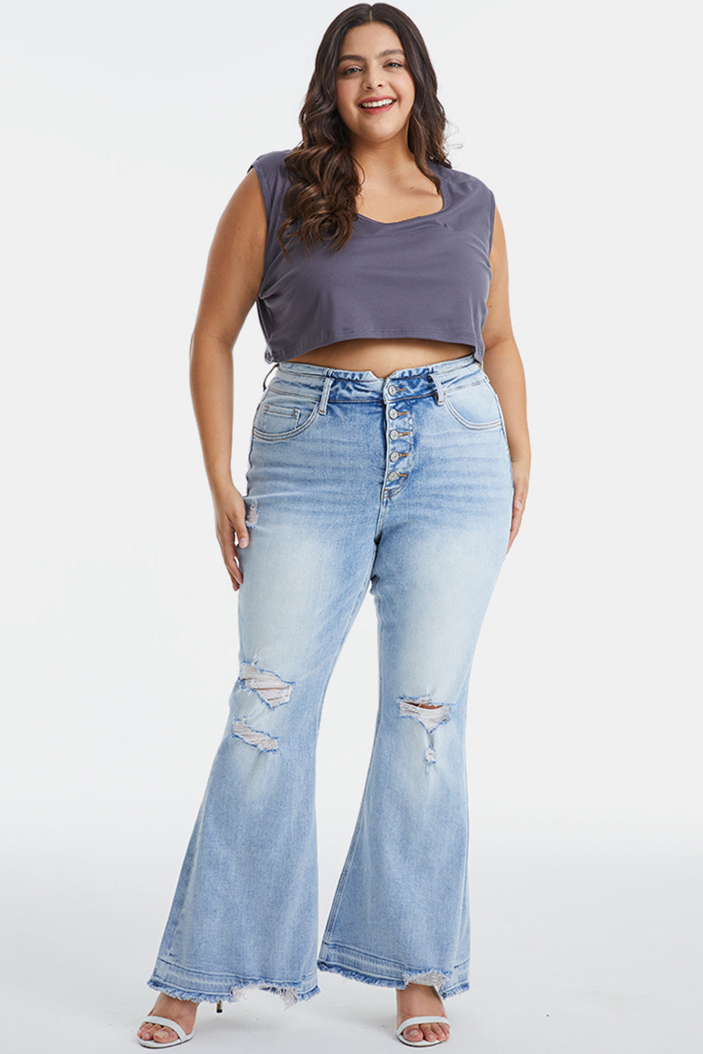 Stilla | Full Size Distressed Raw Hem Høj Talje Flare Jeans