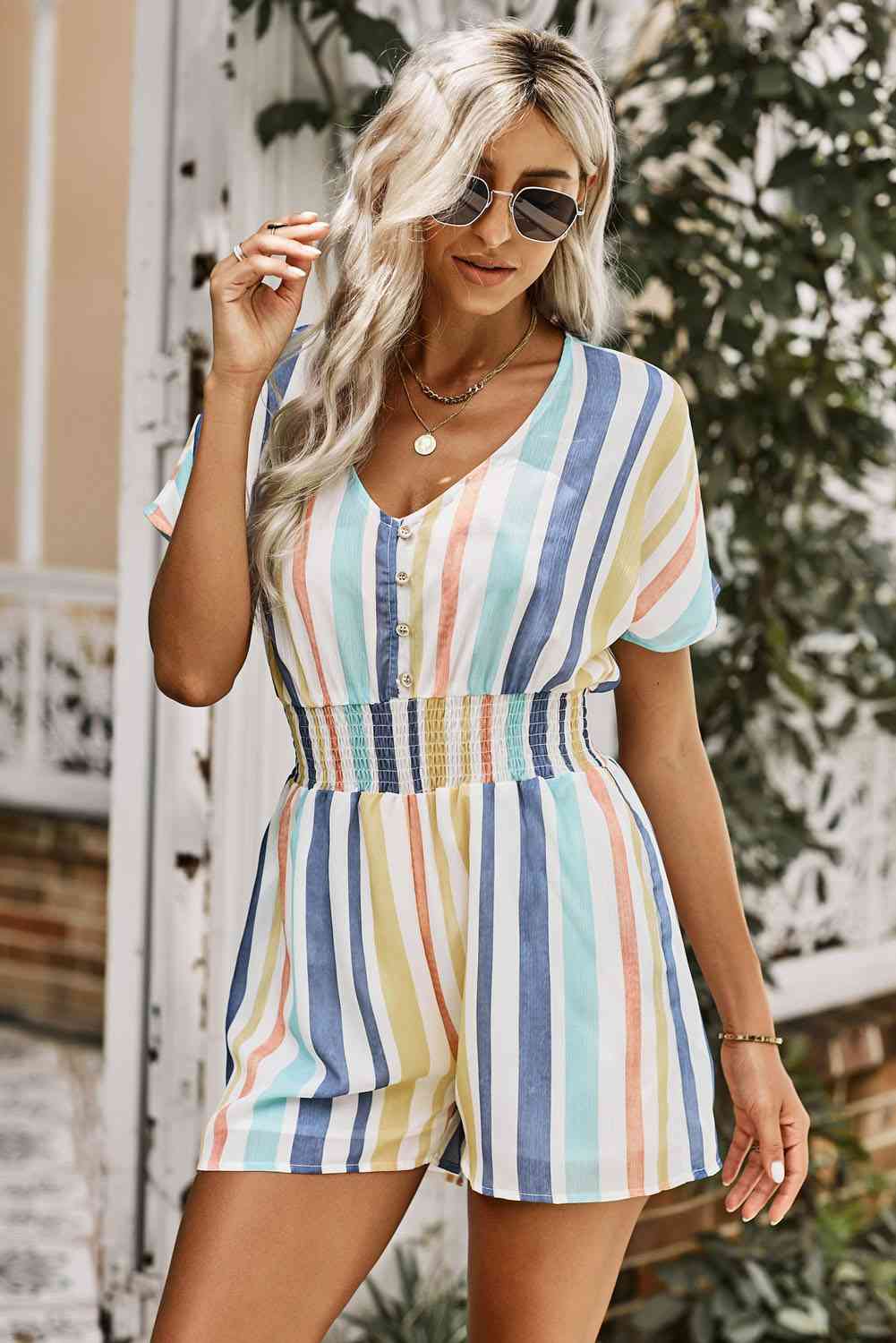 Stilla | Stripe V-hals Smocked Talje Romper