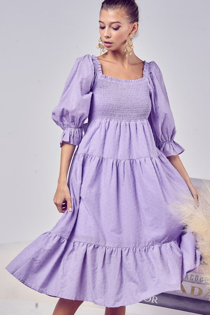 Stilla | Swiss Dot Flounce Sleeve Smocked Tiered Midi Dress