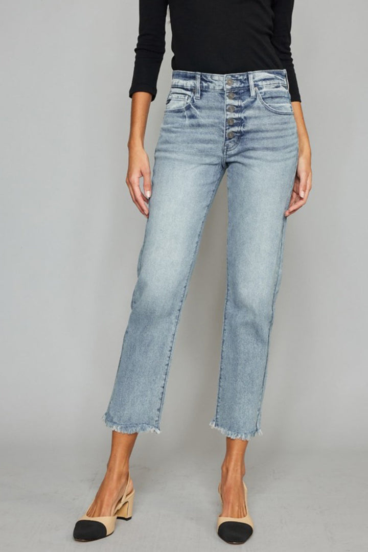 Stilla | Høj Talje Knap Lukning Rå Kant Cropped Straight Jeans
