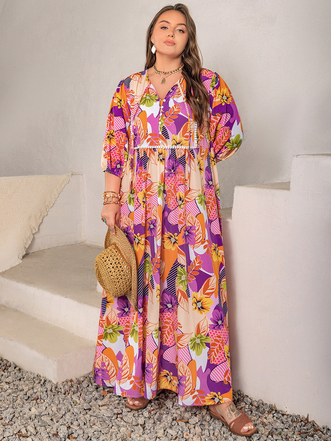 Stilla | Plus Size Printed Tie Neck Maxi Kjole