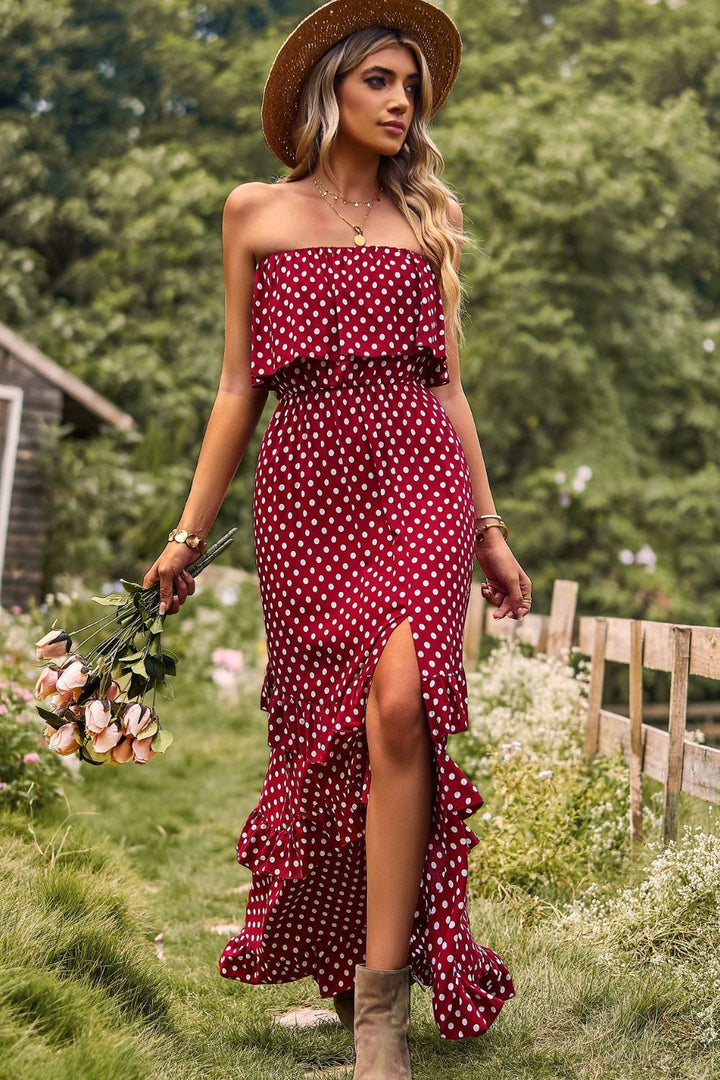 Stilla | Dot Strapless Slidskåret Ruffles Maxi Kjole