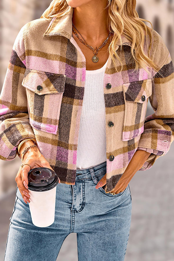 Stilla | Pocket Fashion Casual Cropped Damen Tjekket Jakke