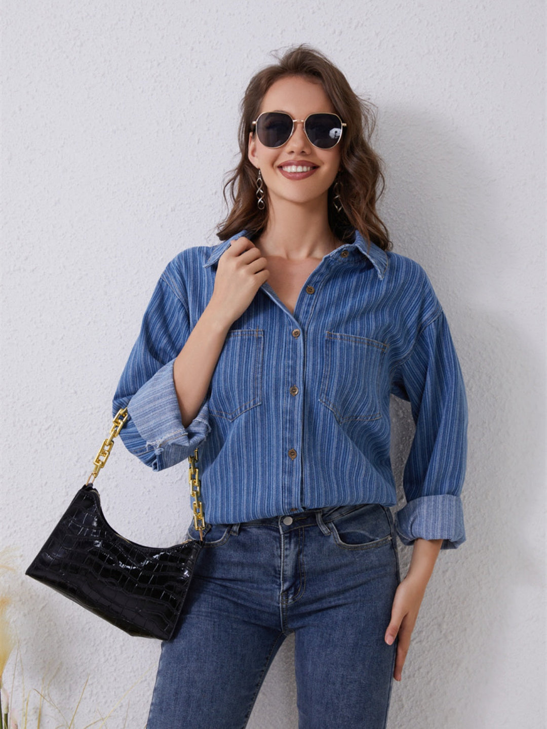 Stilla | Stribet Knappet Op Denim Skjorte