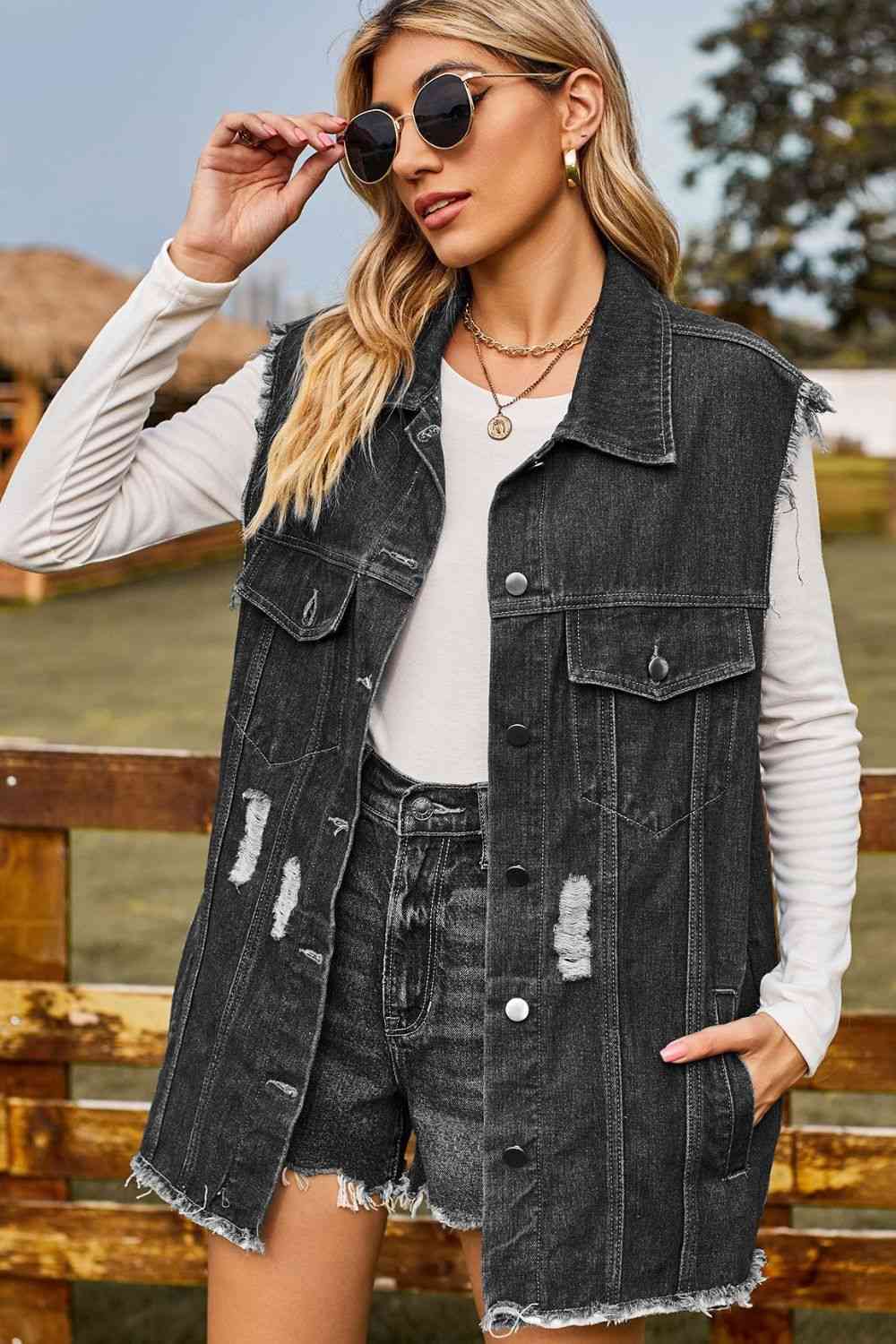 Stilla | Knap-oppet Krave Denim Top Med Lommer