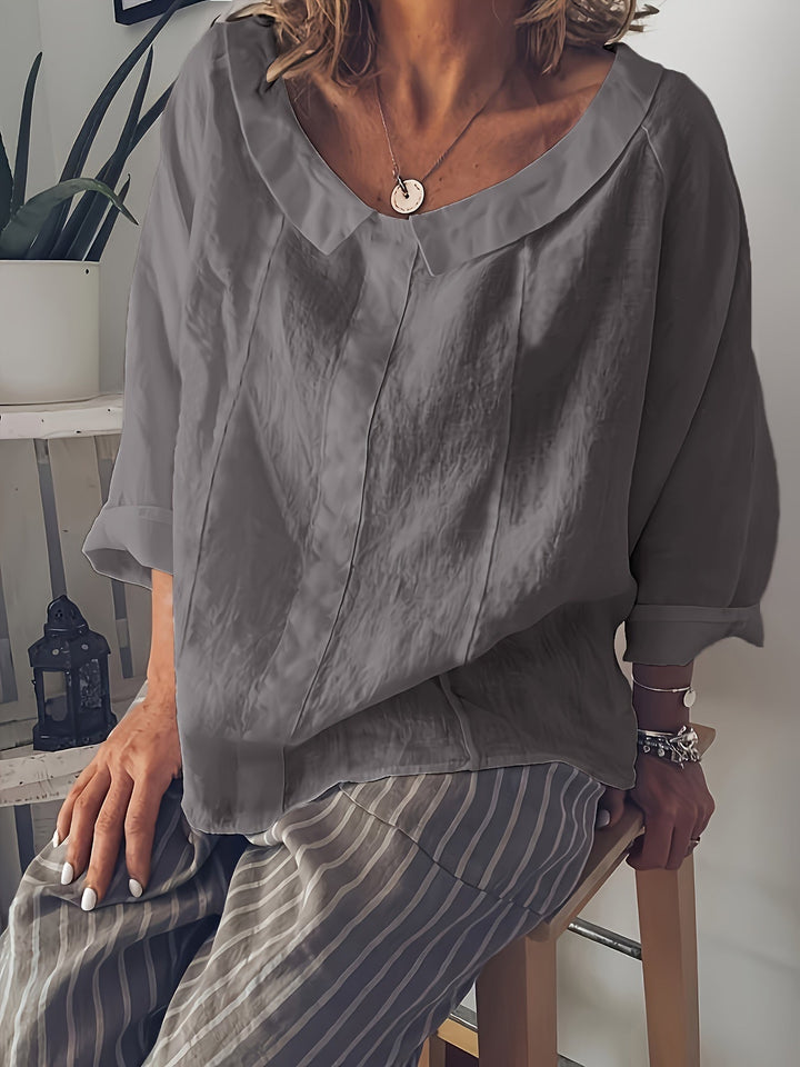 Stilla | Plus Size Bluse Langærmet, Løs Rund Halsudskæring, Blød Kunstsilke