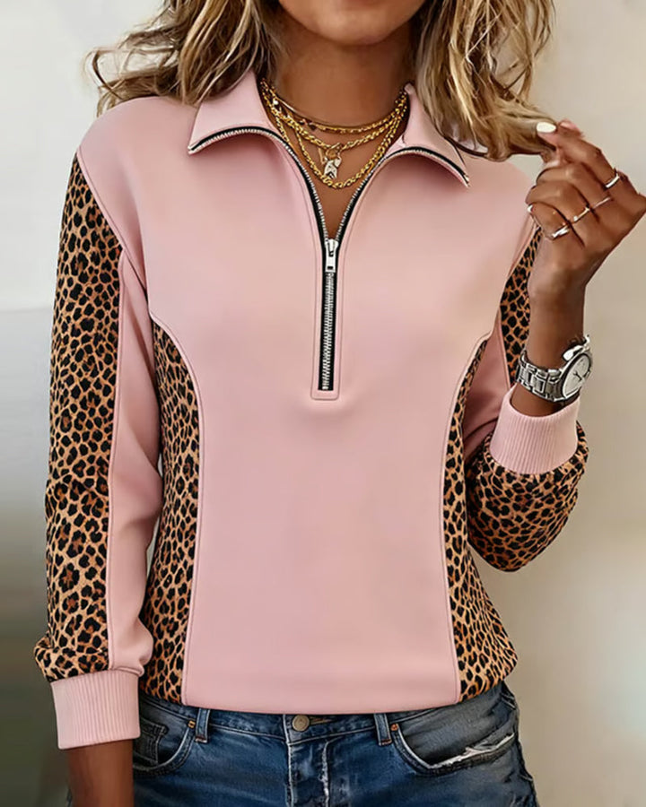 Stilla | Sweatshirt med halvlynlås og leopardprint