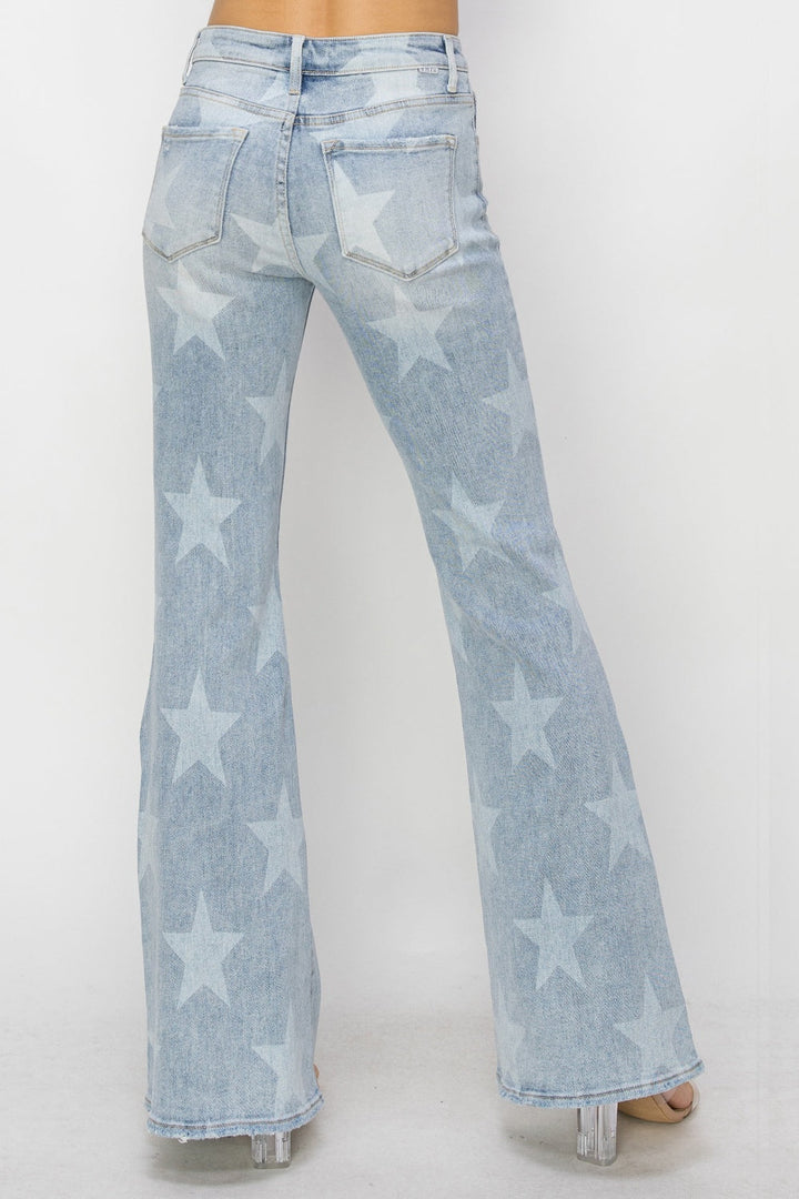 Stilla | Medium Høj Knap Lukning Start Print Flare Jeans
