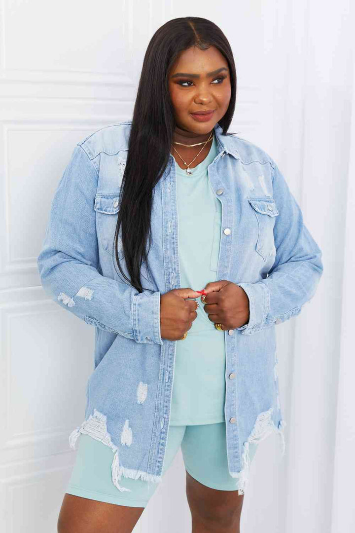 Stilla | Bazi Full Size Distressed Raw Hem Denim Jakke