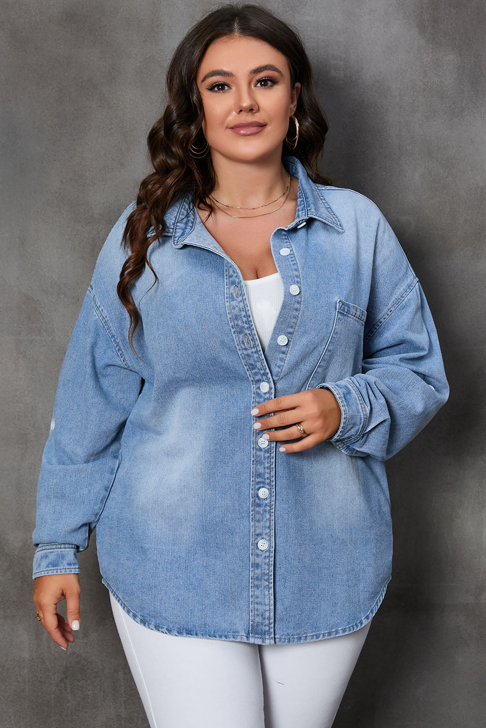 Stilla | Størrelse Knap Op Lommer Denim Top