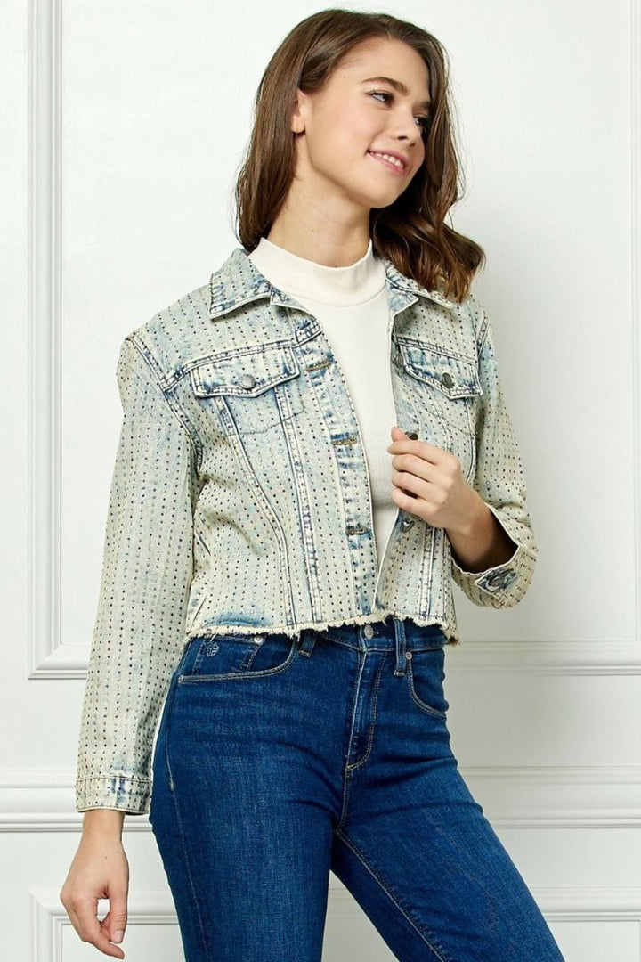 Stilla | Multi Color Stripe Rhinestone Raw Hem Denim Jakke