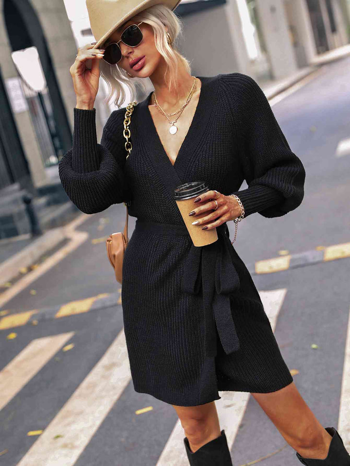Stilla | Surplice Lantern Sleeve Wrap Sweater Kjole