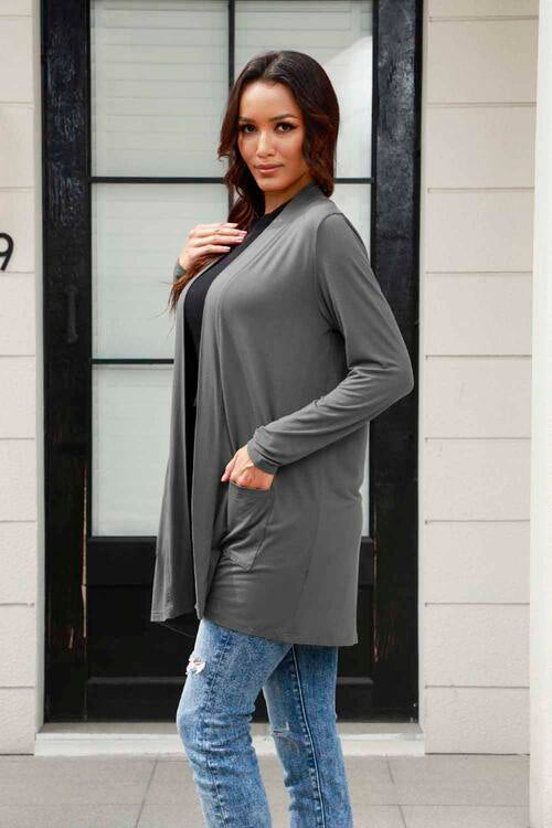 Stilla | Bae Full Size Åben Front Langærmet Cardigan Med Lommer