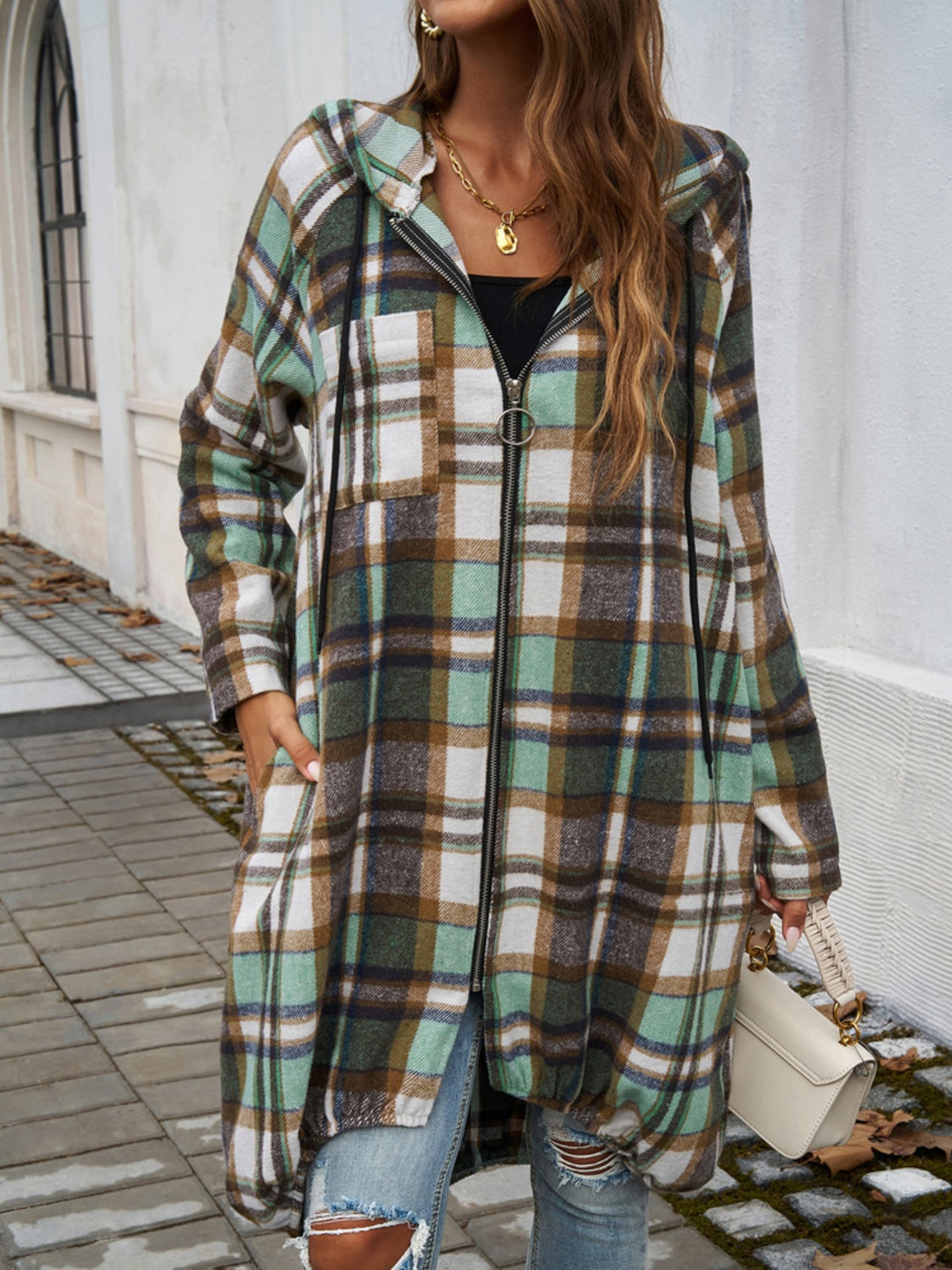 Stilla | Plaid Zip Up Hooded Coat