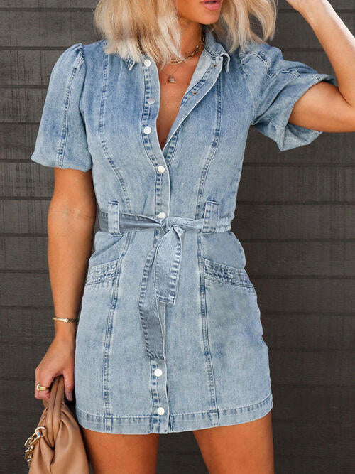 Stilla | Ærme Knap Ned Mini Denim Kjole