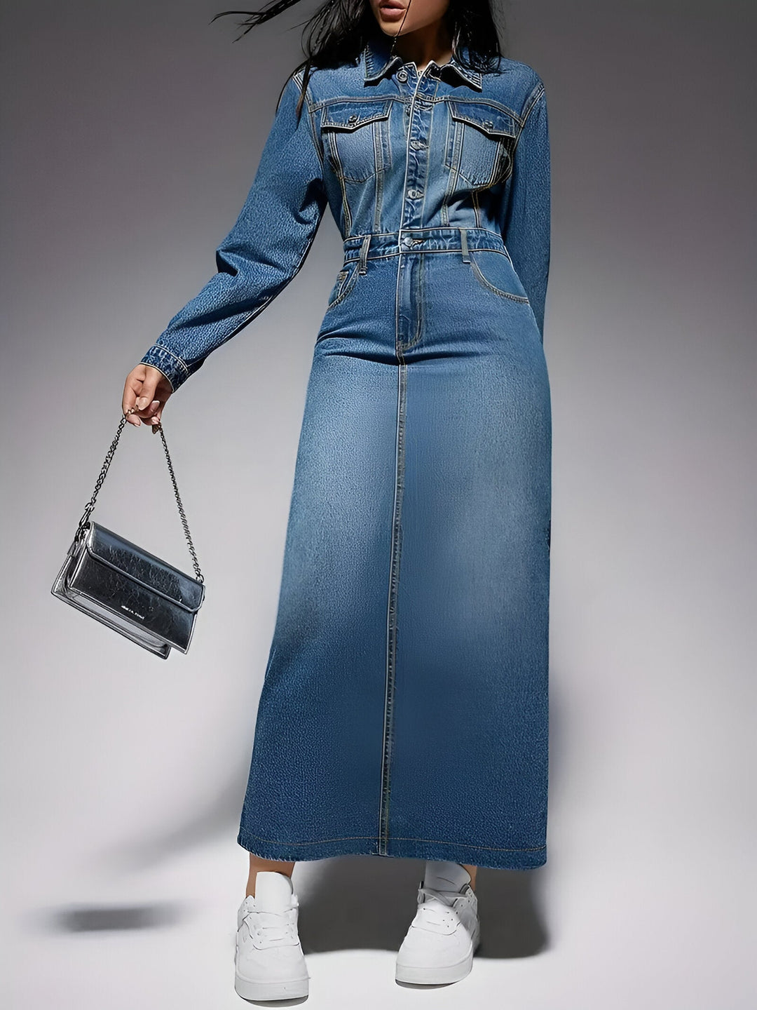 Stilla | Stilfuld Denim-look Langærmet Kjole