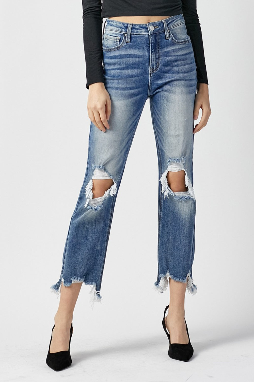 Stilla | Høj Talje Distressed Flæset Kante Cropped Straight Jeans