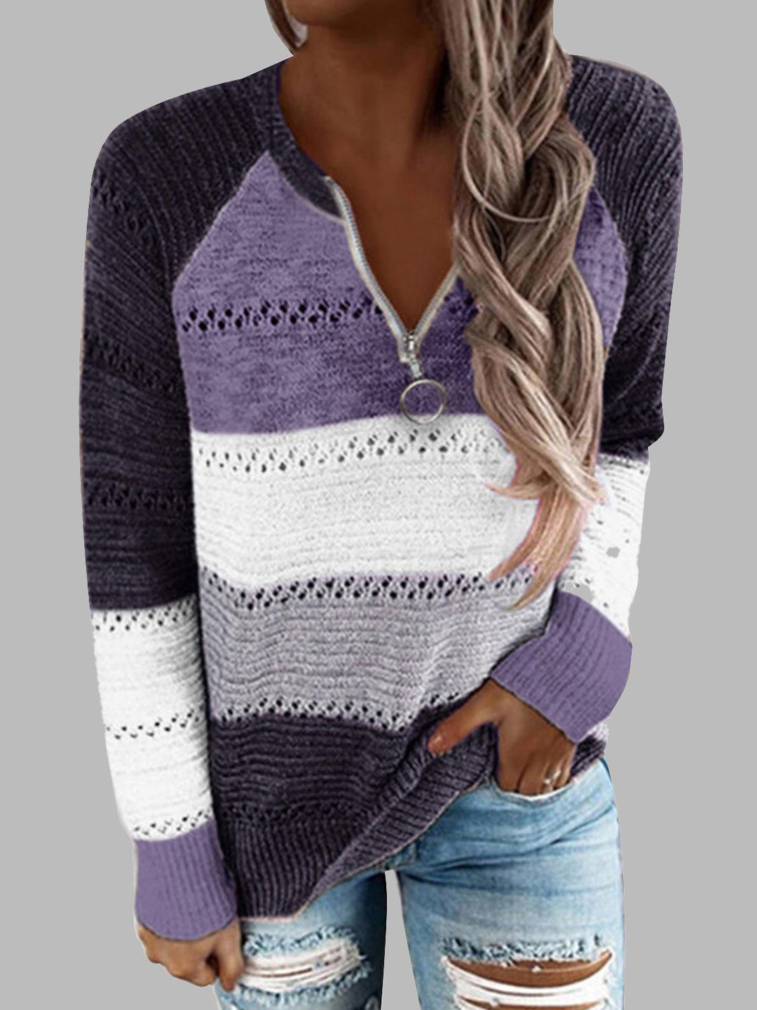 Stilla | Størrelse Farveblok Halv Lynlås Sweater