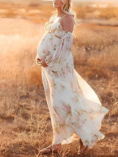 Stilla | Bianco Maxi Kjoler Elegante Premaman Romantisk Blomster Underkjole Skulderfri Boheme Velegnet Til Fotografering