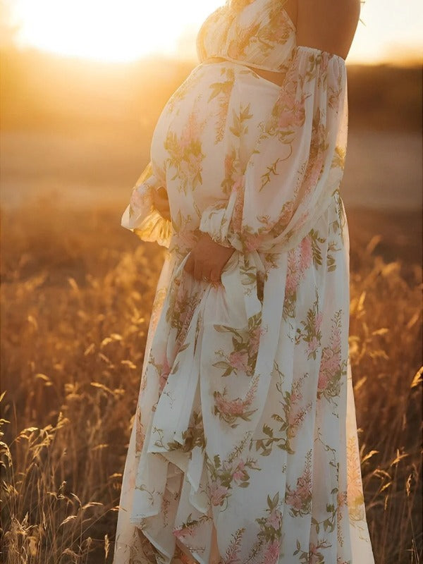 Stilla | Bianco Maxi Kjoler Elegante Premaman Romantisk Blomster Underkjole Skulderfri Boheme Velegnet Til Fotografering