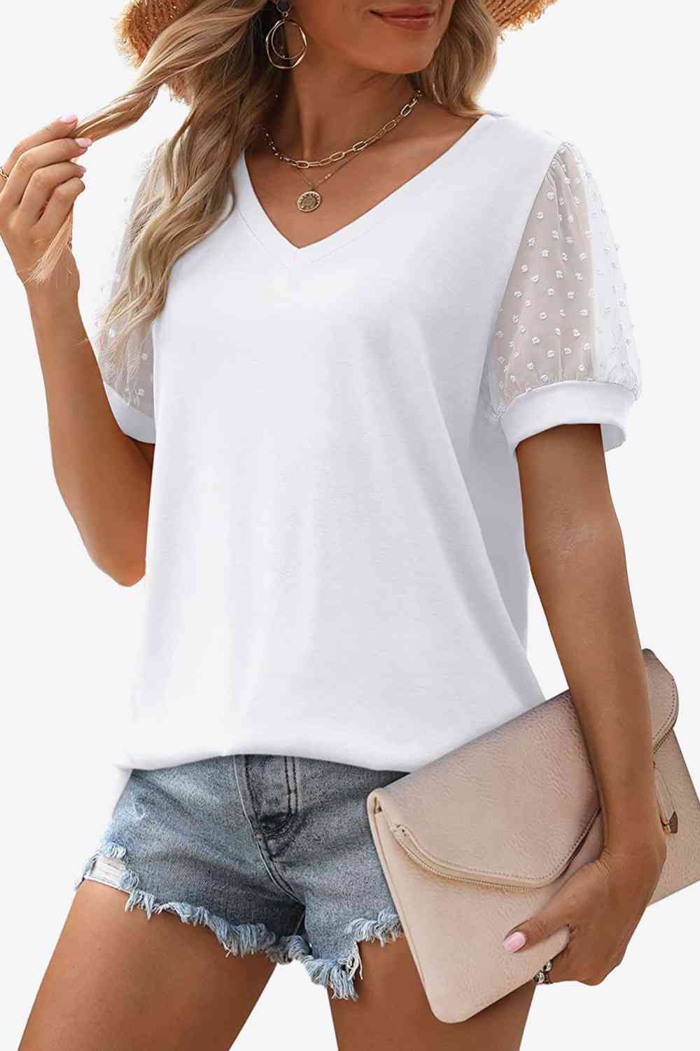 Stilla | Dot Puff Sleeve V-hals Tee