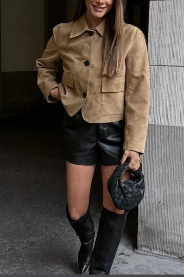 Stilla | Knaplukning Lomme Faux Suede Crop Jakke