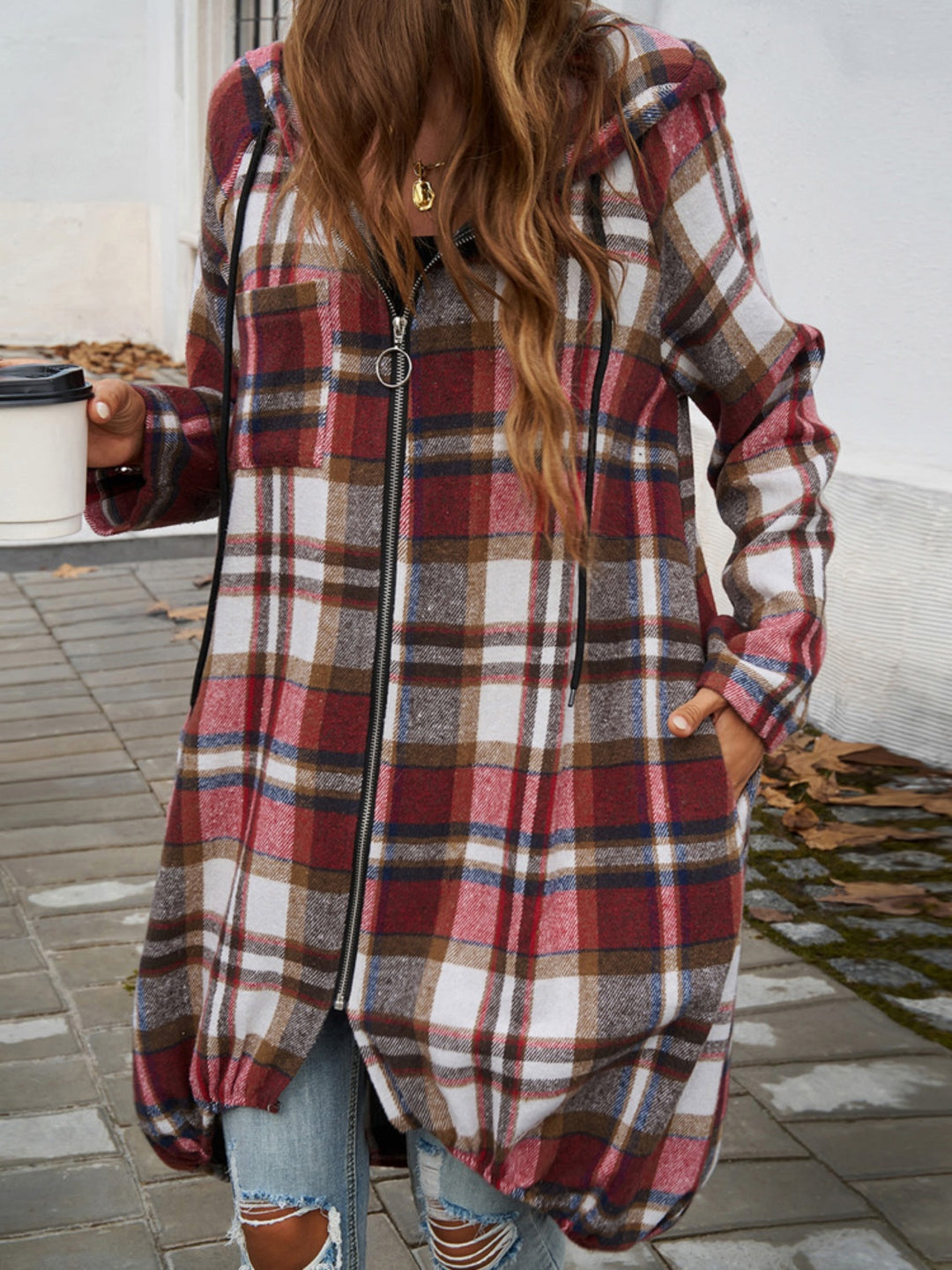 Stilla | Plaid Zip Up Hooded Coat