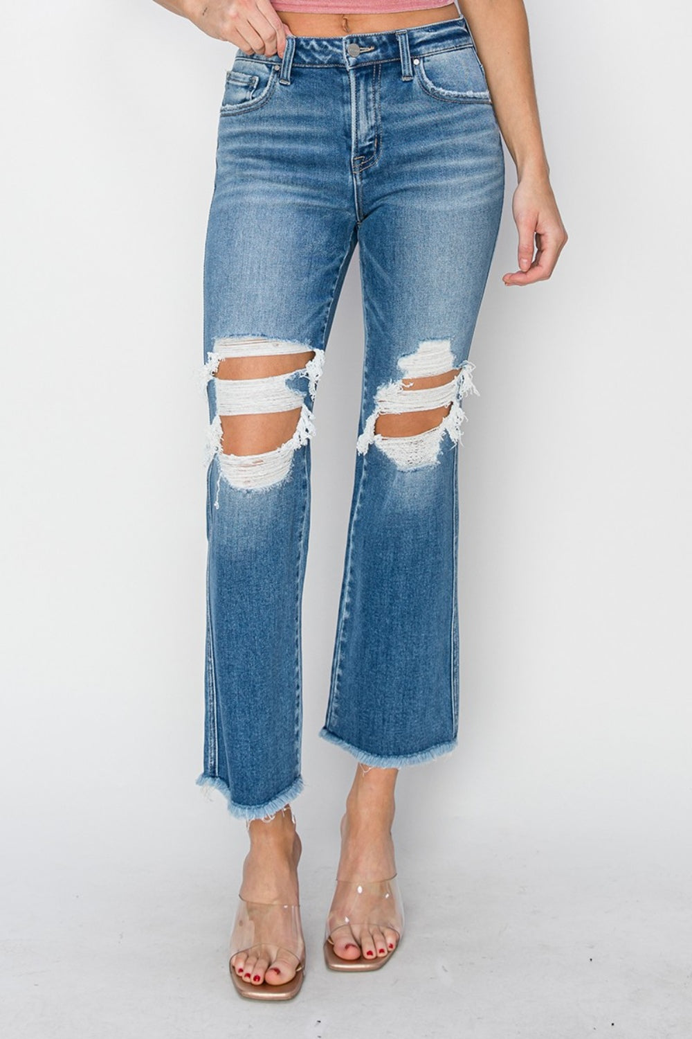 Stilla | Mellem Talje Distressed Afskåret Flare Jeans