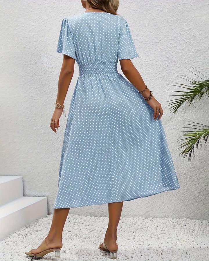 Stilla | Elegant Taljekjole med Prikket Print og Sommerfugleærmer