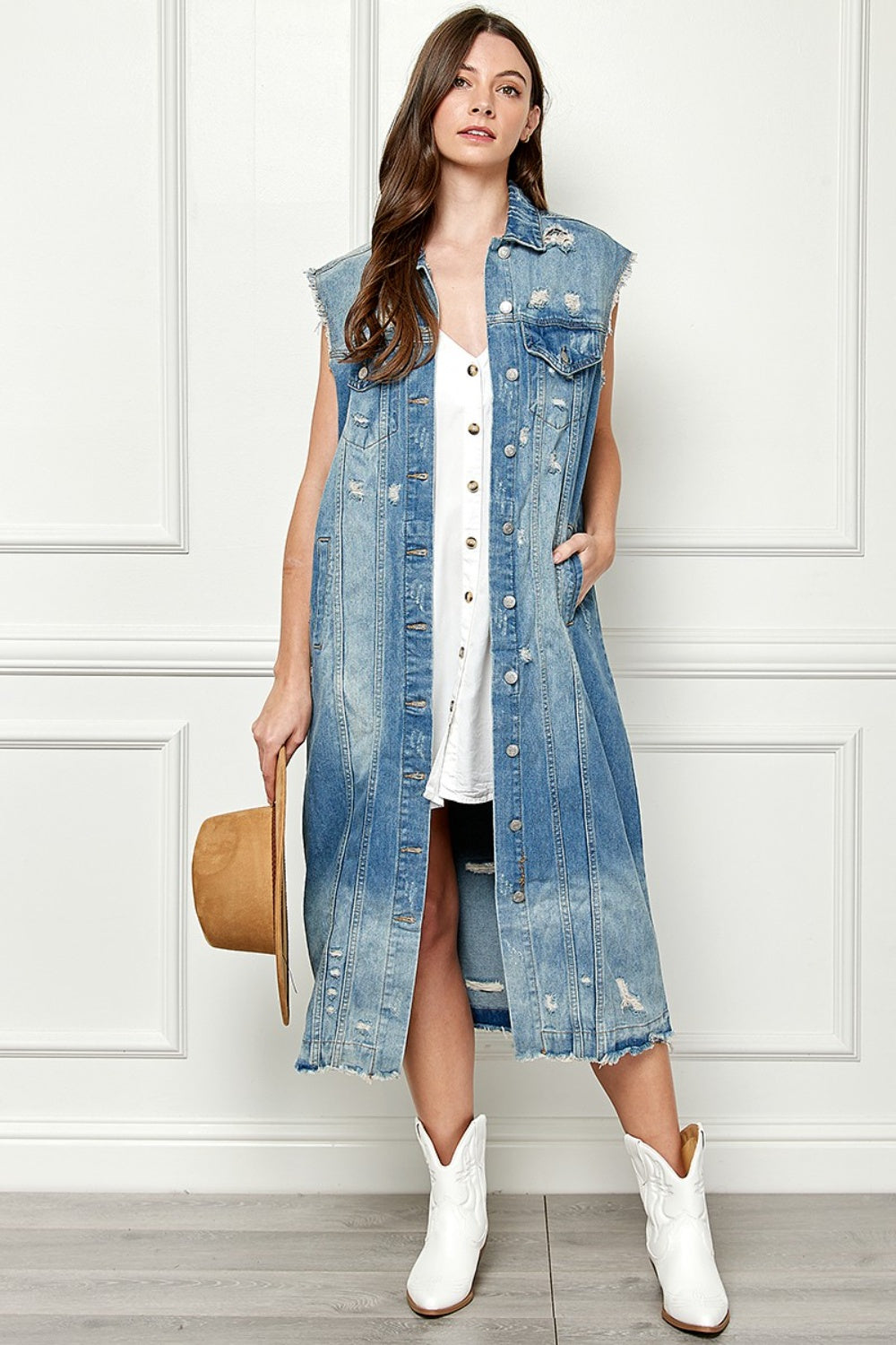 Stilla | Full Size Distressed Uden Ærmer Longline Denim Jakke