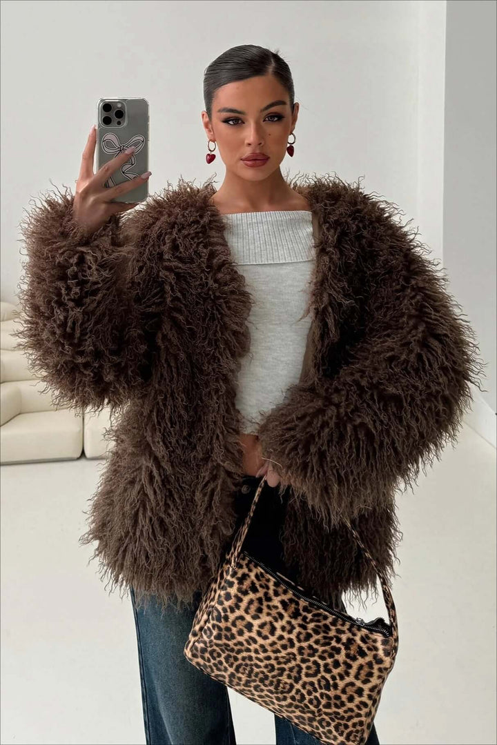 Stilla | Fluffy Brown Faux Fur Oversized Jakke