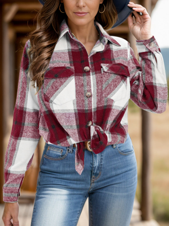 Stilla | Plus Size Pocketed Plaid Collet Hals Shacket