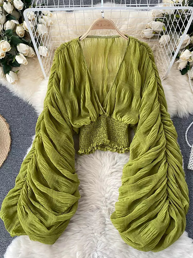 Skovae | Elegant Chiffon V-Læder Puff Lange Ærmer Korte Toppe