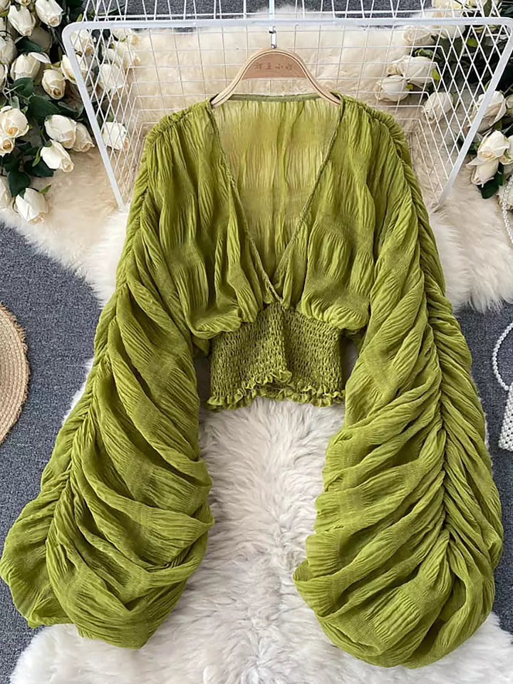 Skovae | Elegant Chiffon V-Læder Puff Lange Ærmer Korte Toppe