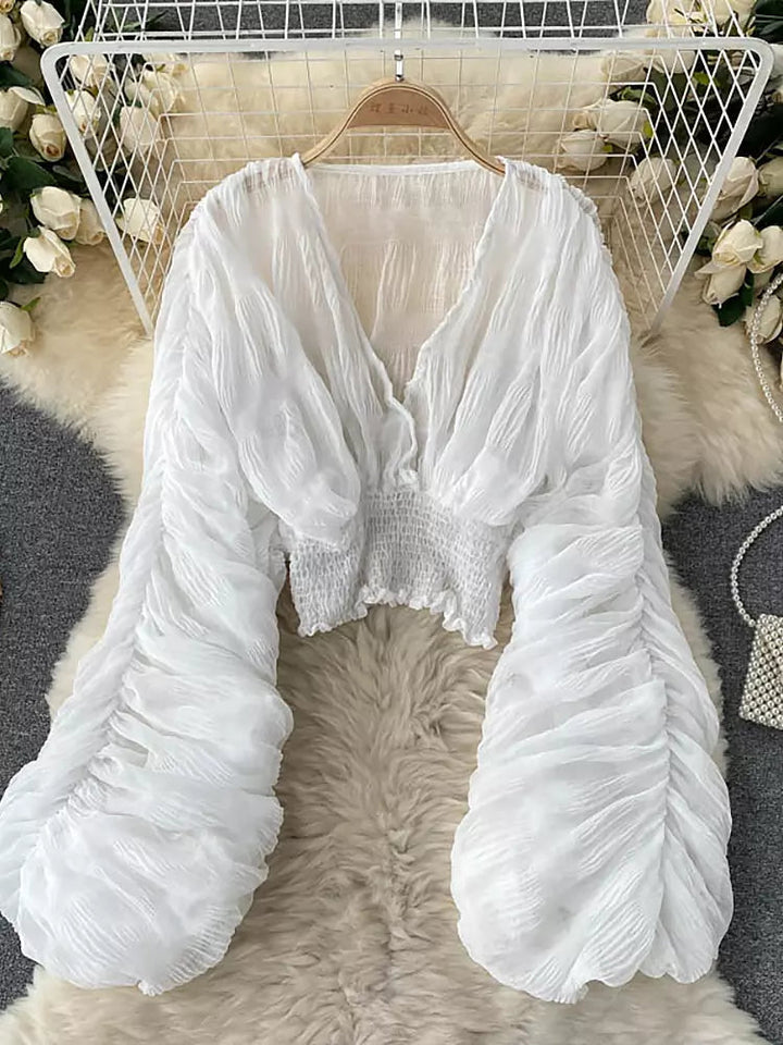 Skovae | Elegant Chiffon V-Læder Puff Lange Ærmer Korte Toppe