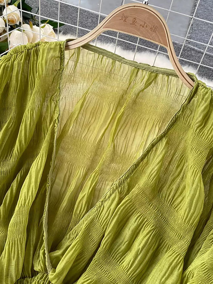 Skovae | Elegant Chiffon V-Læder Puff Lange Ærmer Korte Toppe