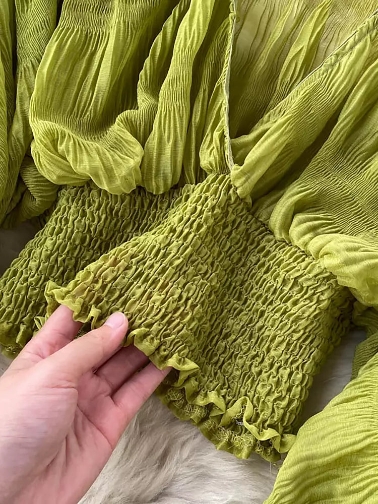 Skovae | Elegant Chiffon V-Læder Puff Lange Ærmer Korte Toppe