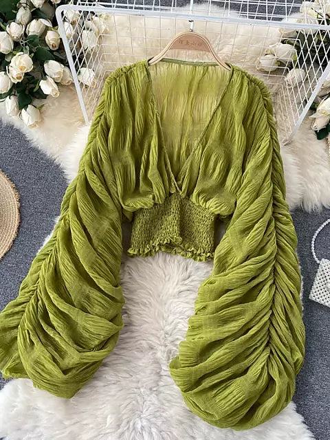 Skovae | Elegant Chiffon V-Læder Puff Lange Ærmer Korte Toppe
