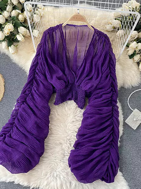 Skovae | Elegant Chiffon V-Læder Puff Lange Ærmer Korte Toppe