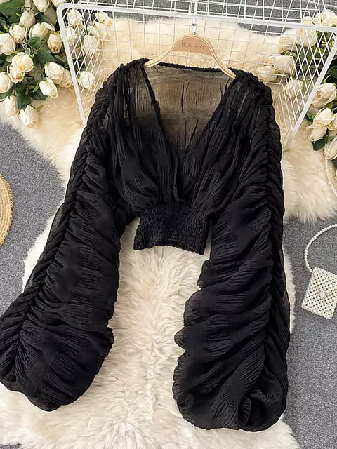 Skovae | Elegant Chiffon V-Læder Puff Lange Ærmer Korte Toppe