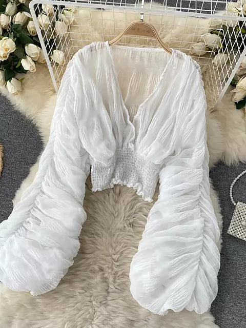 Skovae | Elegant Chiffon V-Læder Puff Lange Ærmer Korte Toppe
