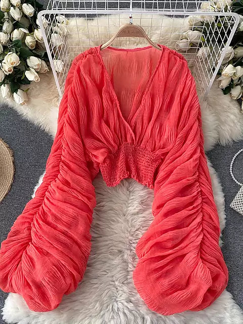 Skovae | Elegant Chiffon V-Læder Puff Lange Ærmer Korte Toppe